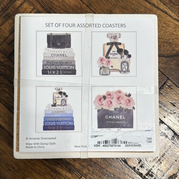 set of 4 Coasters Chanel Tiffany Louis Vuitton Dior YSL Amanda Greenwood license - Picture 1 of 8